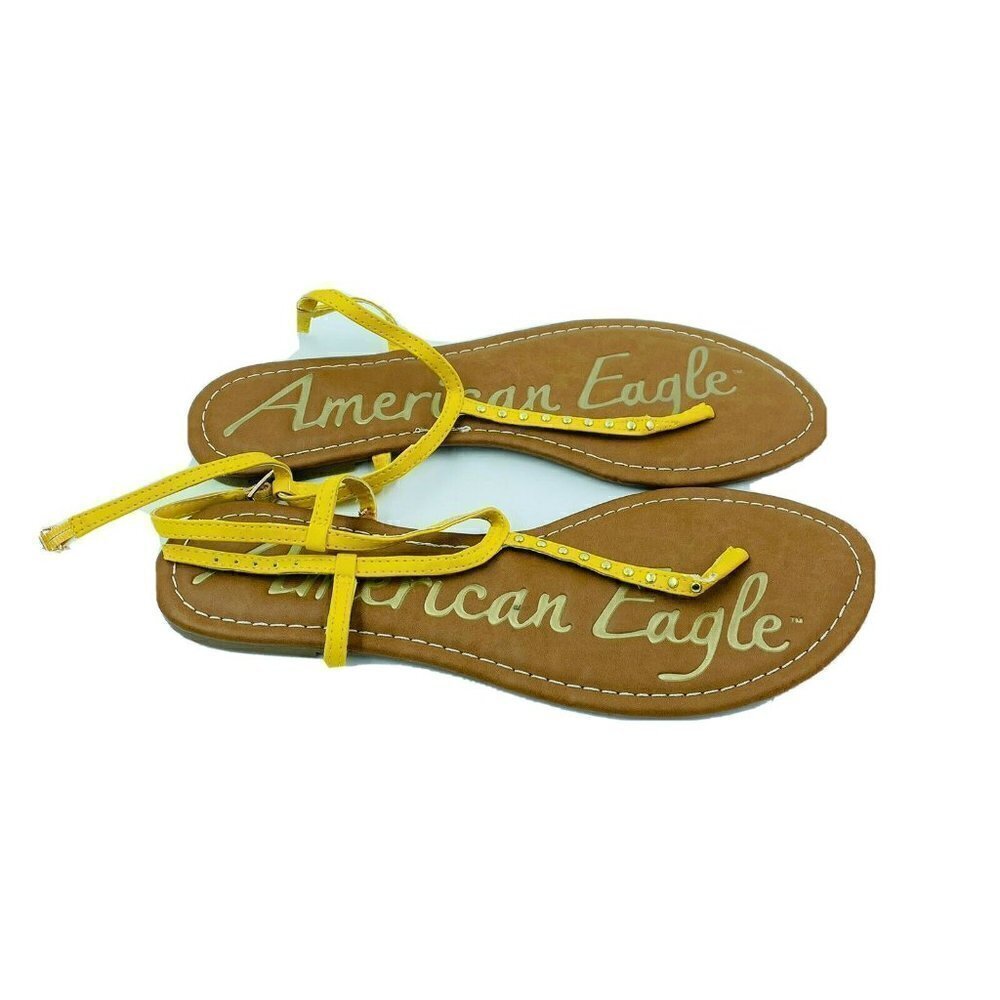 American Eagle Yellow Faux Leather Studded Ankle Strap Thong Sandals Size 9